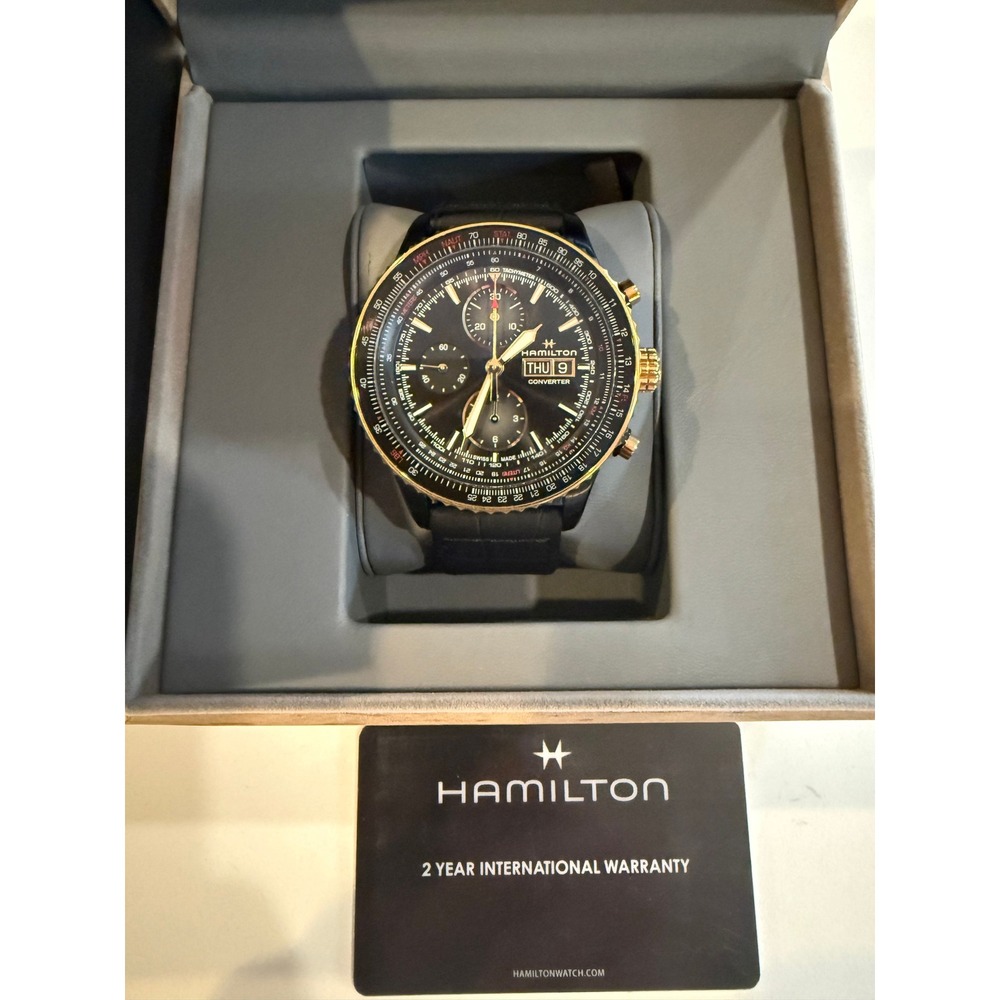 Hamilton Chronograph Automatic Watch Gold Bezel Black Leather Strap